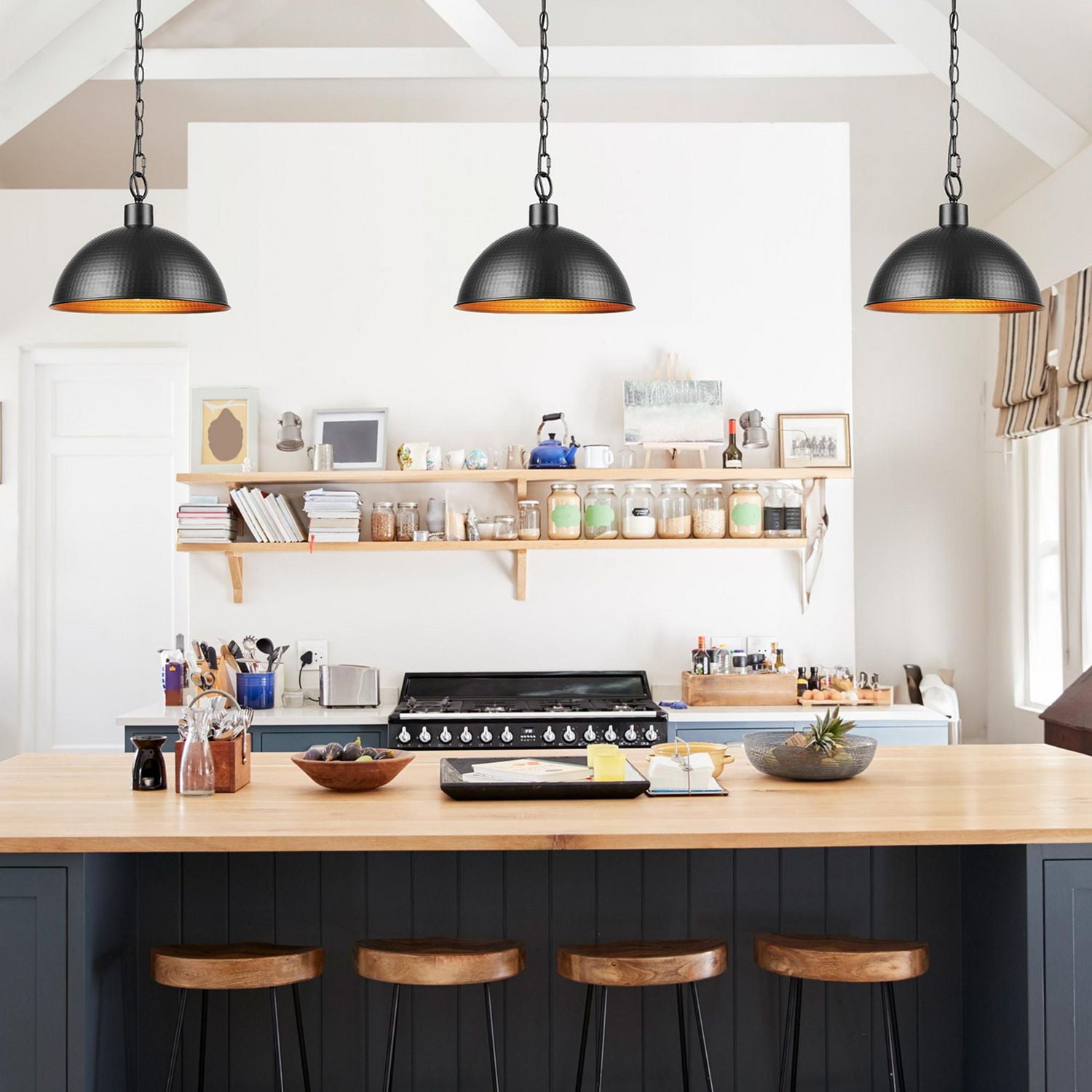 1-Light Weathered Black Pendant Light with Hammered Metal Gold Interior Shade