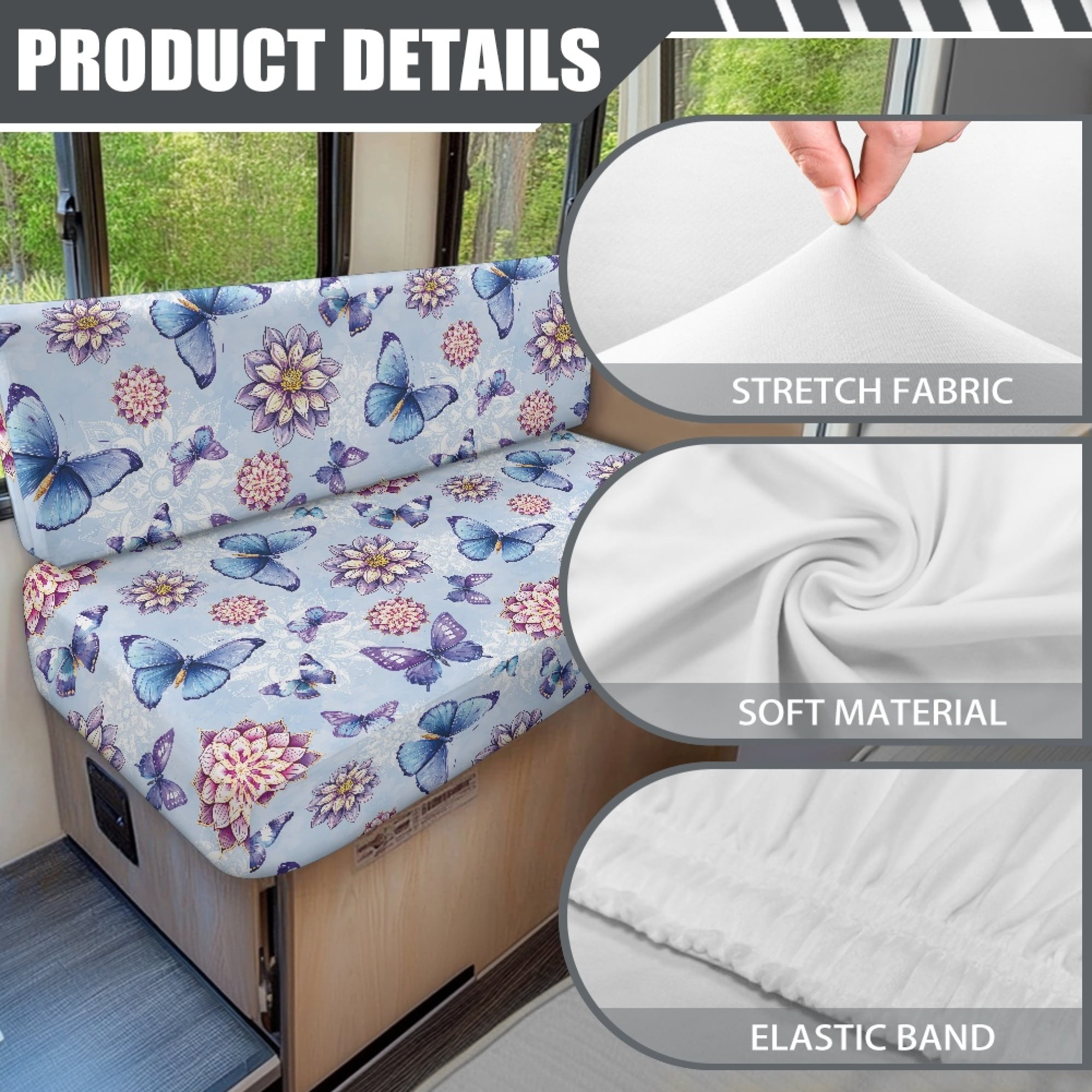 FOR U DESIGNS Boho Mandala Butterfly Blue Print RV Dinette Cushion Covers 2 Pcs Comfortable Camper Cushion Slipcover Stretchable Loveseat Sofa Chair Cover Furniture Protector for RV Camper Car Bench