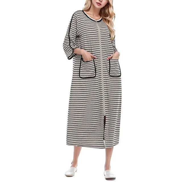 GPOECD Robe de Nuit Ample à Rayures Confortable et Décontractée Automne Hiver Grande Taille Pyjama Manches 3/4 Gris,m
