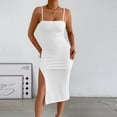 thumbnail image 5 of Ruimatai Women's Square Neck Spaghetti Strap Ruched Bodycon Midi Dress, Flattering Figure-Hugging Cocktail Dress with High Slit, 5 of 9