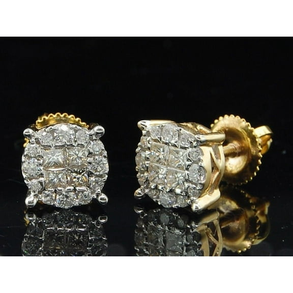 Ladies 14K Yellow Gold Princess Cut Halo Set Diamond Studs Earrings 0.50 Ct.
