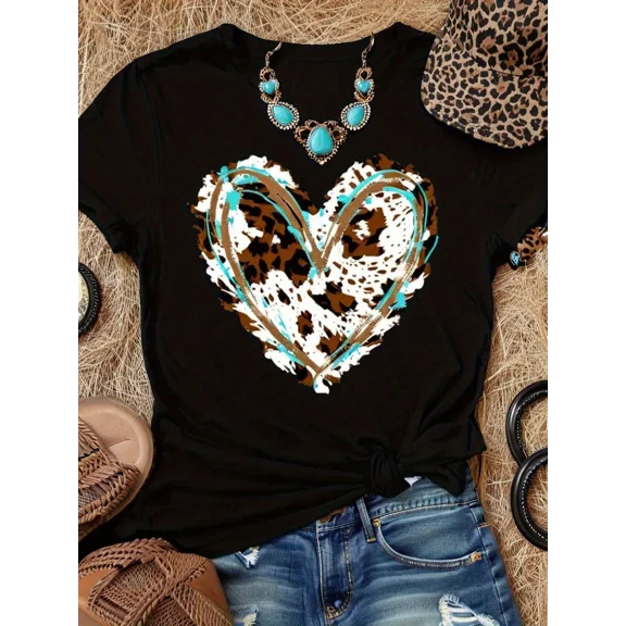 Women's Western Cow Leopard Print Heart Graphic T-Shirt Casual Boho Short Sleeve Crew Neck Retro Summer Tee