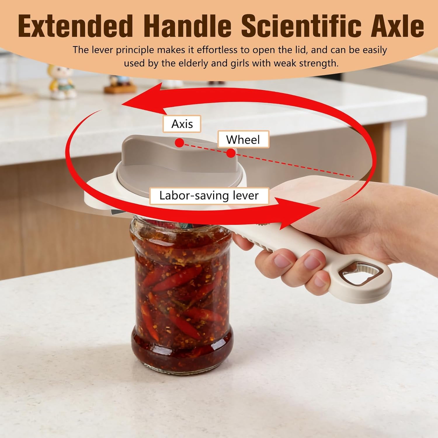 Upgraded 4-in-1 Multi-Functional Jar & Bottle Opener (1-3.5inches), Magnetic Stainless Steel Can Opener with Retractable Adjustable Grip, Extended Ergonomic Handle for Easy Opening