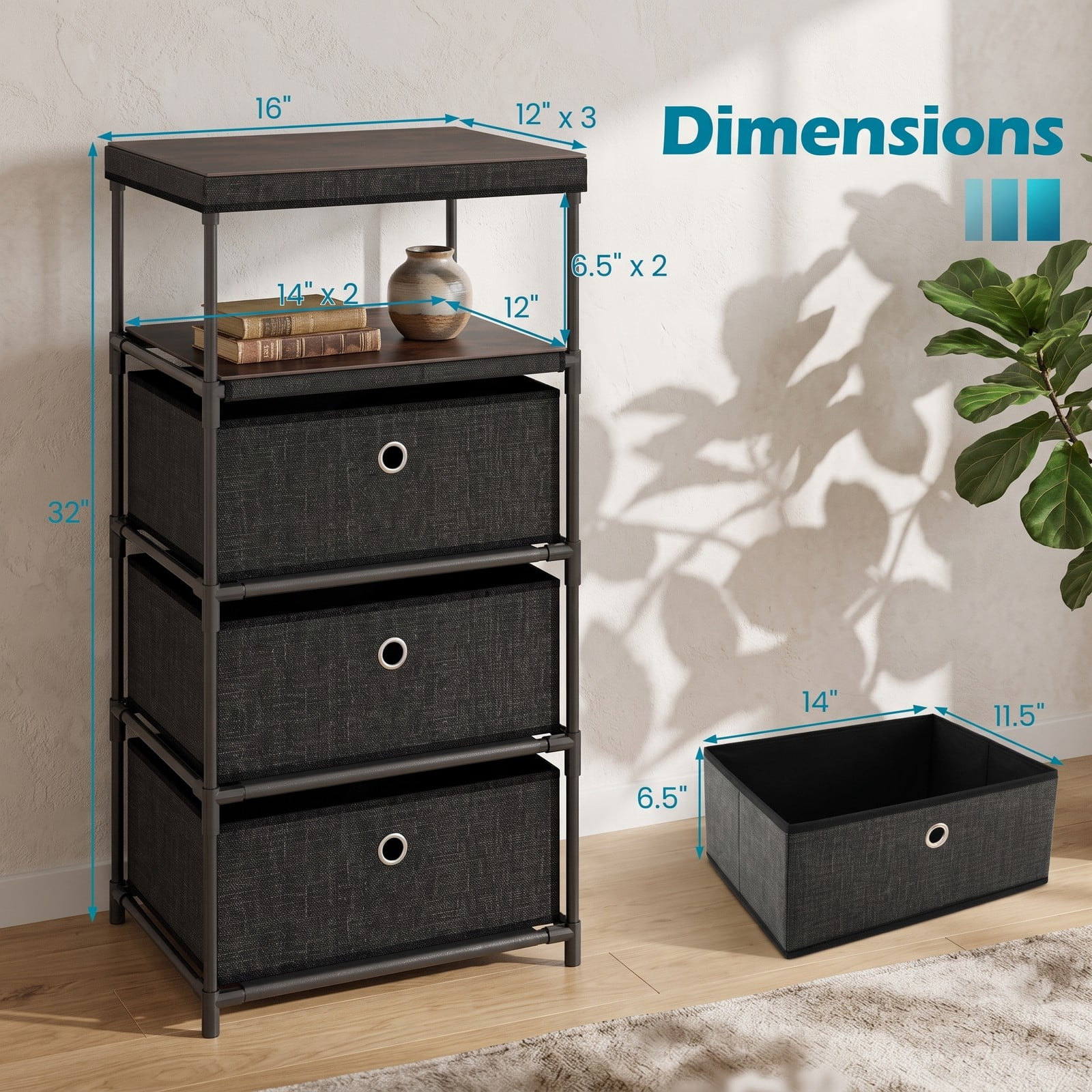 Furnibear 3-Drawer Fabric Storage Tower Dresser with Wood Top Open Shelf and Metal Frame for Bedroom Closet and Office, Black