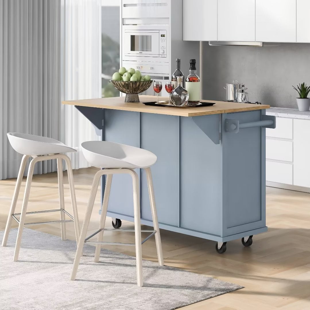 ARCTICSCORPION Portable Kitchen Islands with Storage Cabinet and 3 Drawers, Faux Wood Blue, 53.10 in