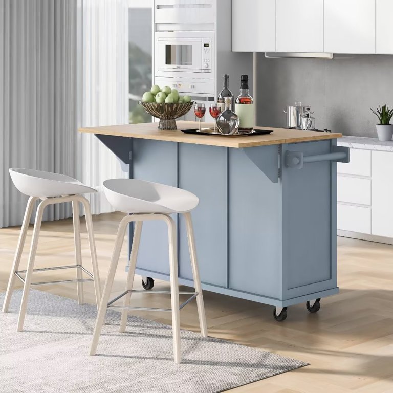 Kitchen Island Cart, Island Table for Kitchen, Rubber Wood Drop-Leaf  Countertop, Mobile Portable Kitchen Island with Storage Cabinet & 3  Drawers