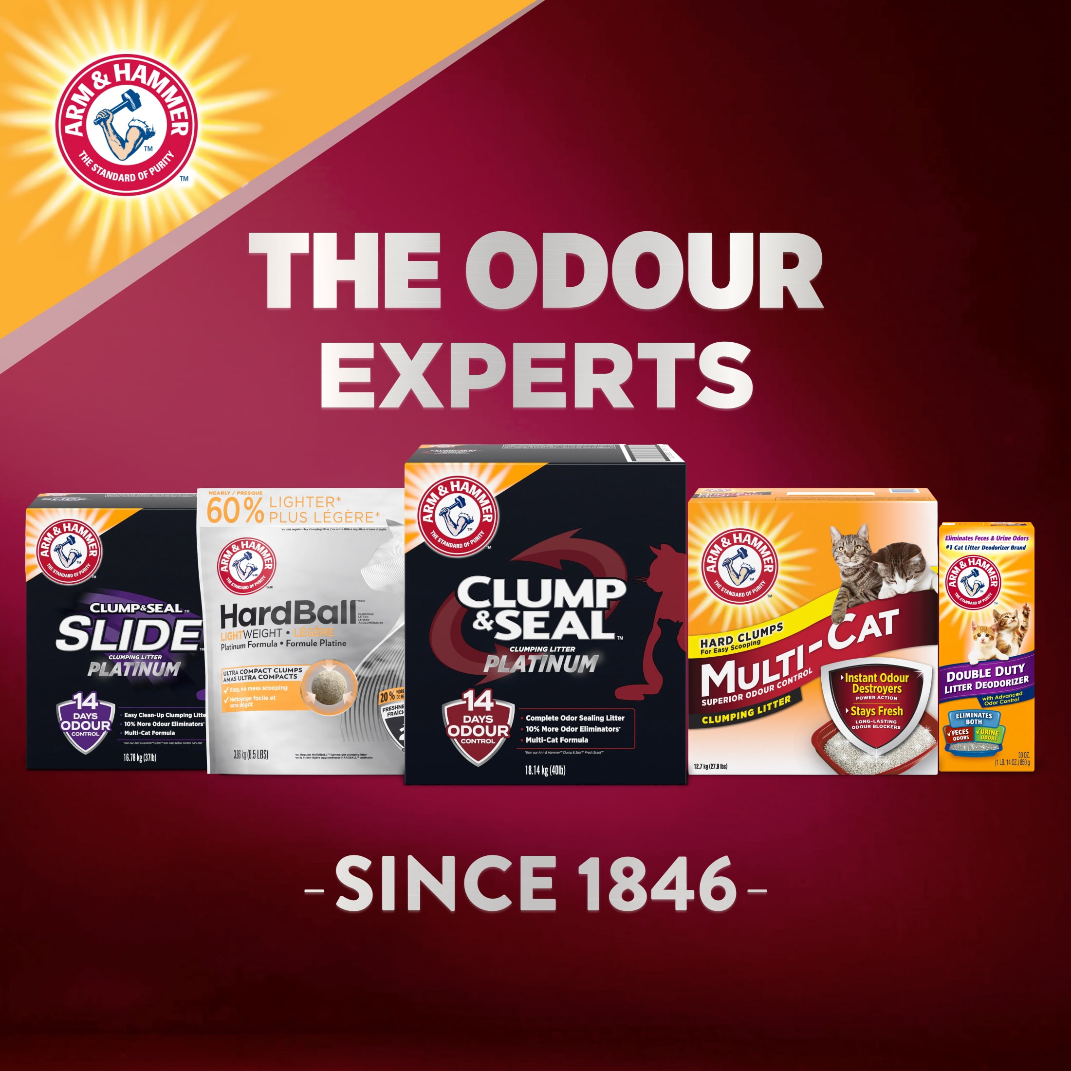 Arm & Hammer Litière pour Chat en Argile Platinum Clump & Seal, Multi-Chat, 18.14kg, Nettoyage Facile, Agglomérats Durs, Contrôle des Odeurs, Sans Poussière
