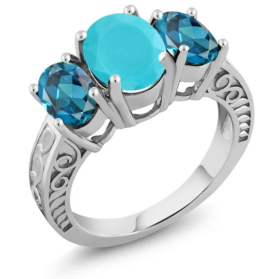 Gem Stone King 3.50 Ct Oval Green Turquoise London Blue Topaz 925 Sterling Silver Ring (Size 5)