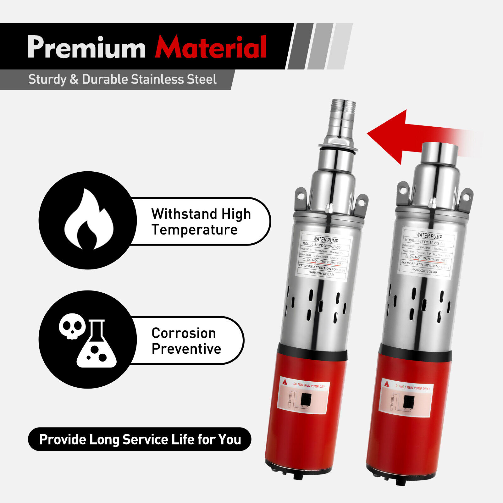 12V Submersible Pump Deep Well Water DC Pump Stainless Steel 1500L/H 250W