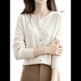 thumbnail image 2 of Suéter de Larga con Cuello Redondo de Color Liso para Mujer, Chaqueta de Punto Combinable para y Otoño Beige L, 2 of 8