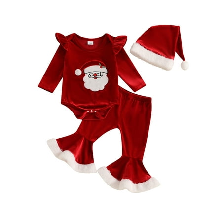 

Binshrliy 3pcs Baby Girl Christmas Outfits Pants Set Newborn Embroidery Long Sleeve Romper Tops + Flare Trousers + Hat 3M 6M 12M 18M Infant Fall Casual Clothes