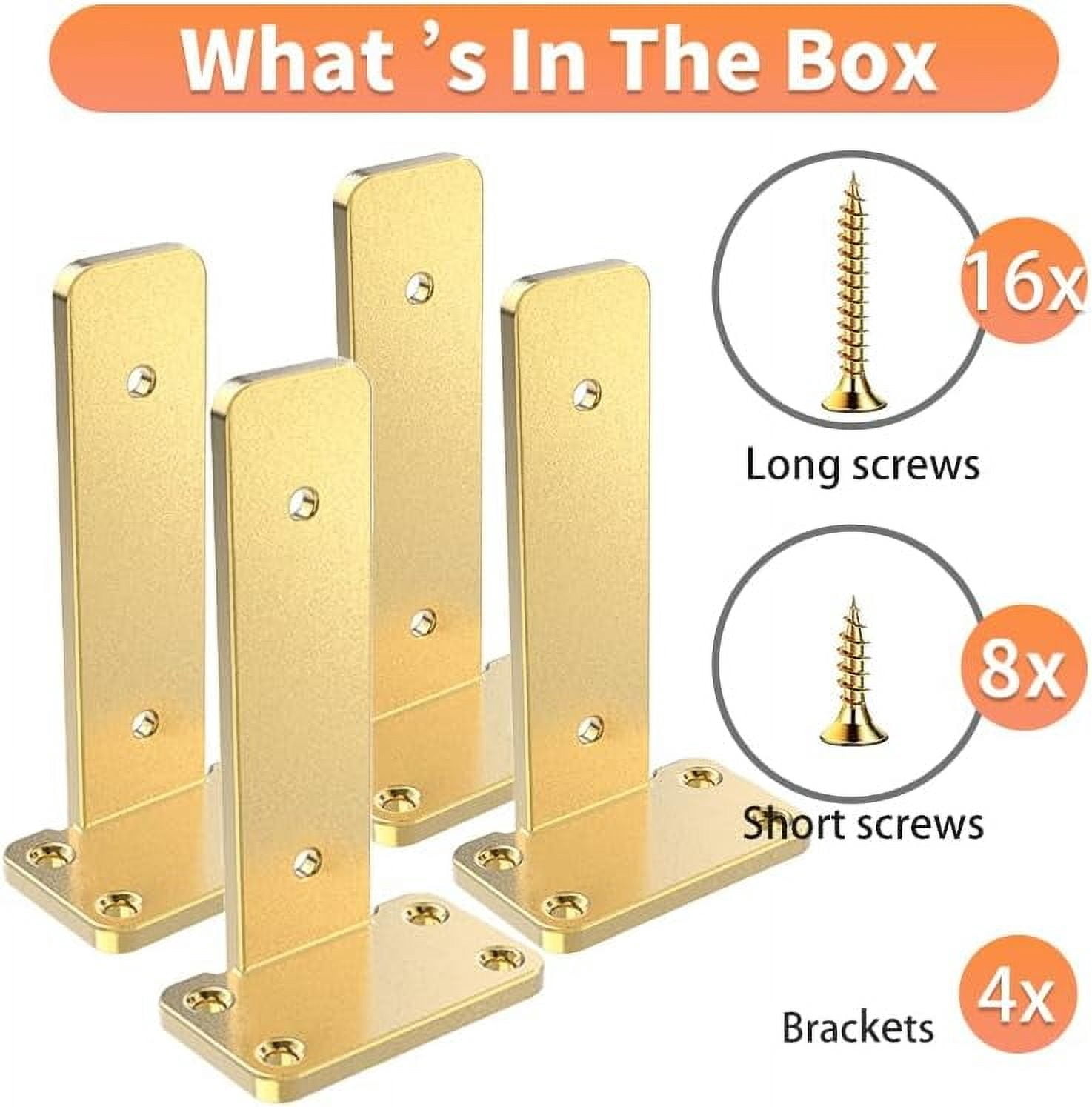 Floating Shelf Brackets Upgraded,4 inch, Gold Heavy Duty Iron Shelf Brackets, Industrial Modern Floating Shelf Support for Wall Mount Shelves,Wide Brackets ,4 Pack, Support DIY