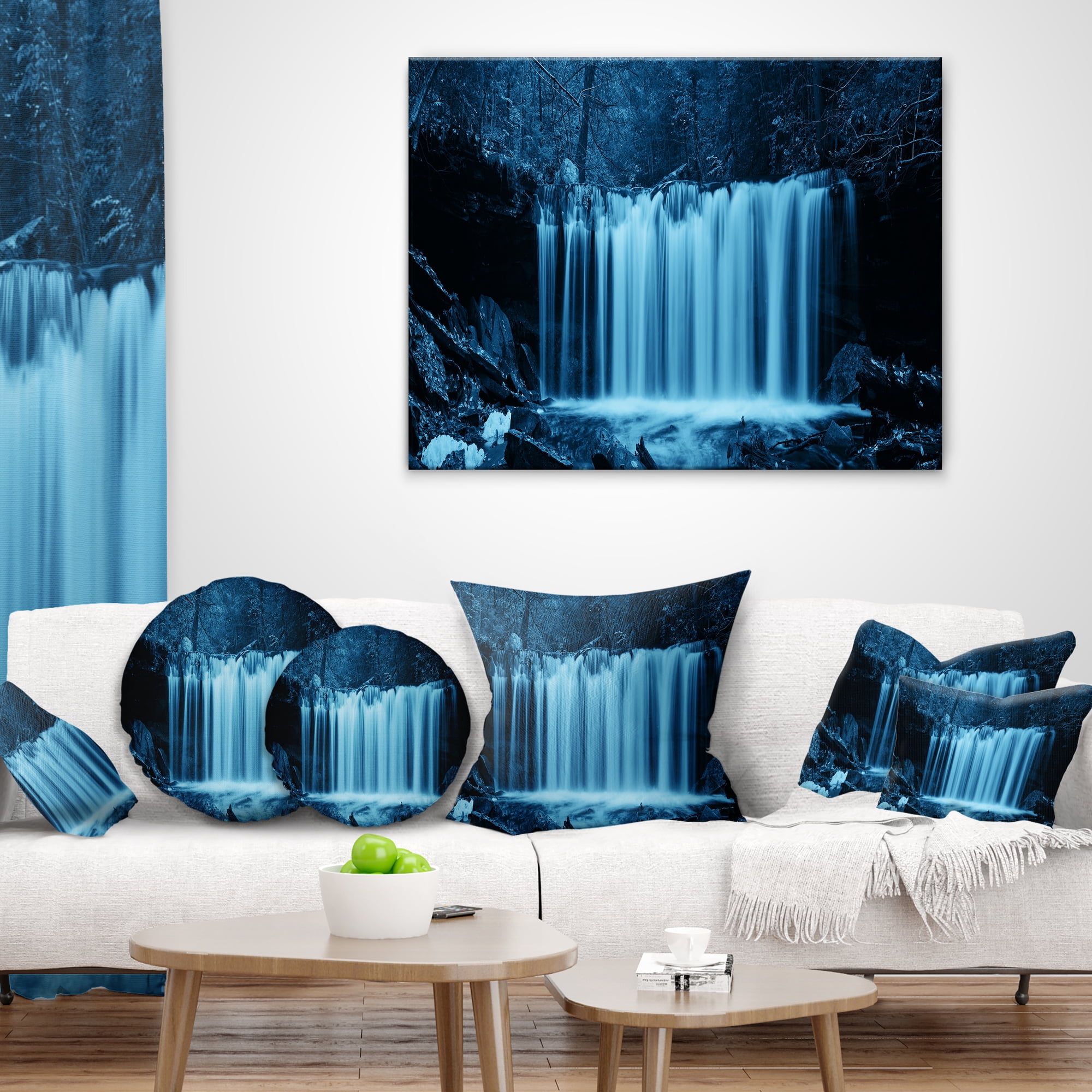 Designart Waterfalls in Wood Black and White - Landscape Printed Throw Pillow - 12x20