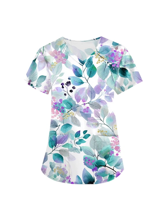 Cartoon Print Scrub Tops V Neck Short Sleeve Nurses Working Uniforms with Pocket S-5XL Plus Size Scrub Top Women