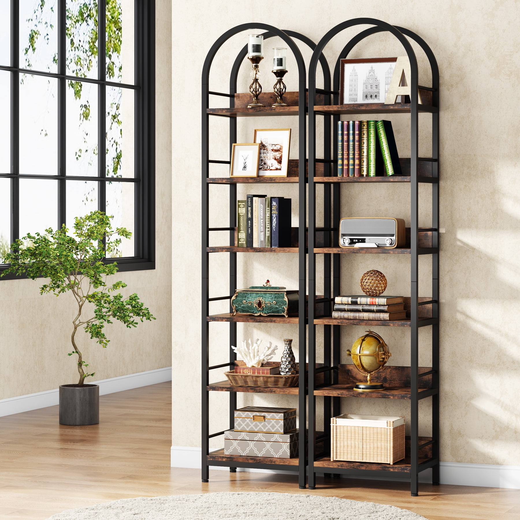Tribesigns 6-Tier Open Bookshelf, 78.7" Tall Arched Bookcase with Metal Frame, Freestanding Corner Bookcase for Living Room