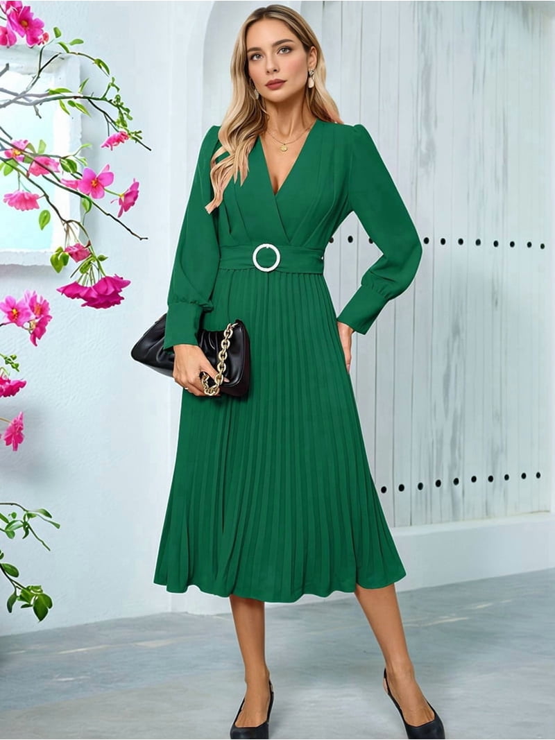 Chic YC Women's 3/4 Sleeve Flared A Line Dress Casual Semi Formal Wedding Guest Office Lady Dresses with Belt Green / XL Chic YC Women's 3/4 Sleeve Flared A Line Dress Casual Semi Formal Wedding Guest Office Lady Dresses with Belt Green / XL