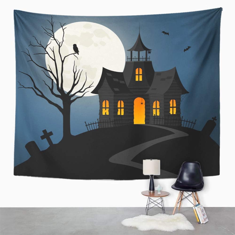 UFAEZU Haunted Spooky House on Dark Hill Against Nighttime Sky Cartoon  Halloween Wall Art Hanging Tapestry Home Decor for Living Room Bedroom Dorm  51x60 inch 