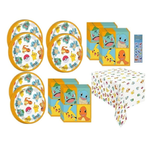 Pokemon Birthday Party Supplies Bundle includes 24 Dessert Cake Paper Plates 7", 32 Lunch Napkins, 1 Plastic Table Cover