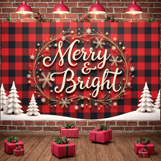 Plaid Pattern Christmas Banner Festive Holiday Decor Snowflake Design Merry Bright for Christmas Party Winter Decoration Home Decor