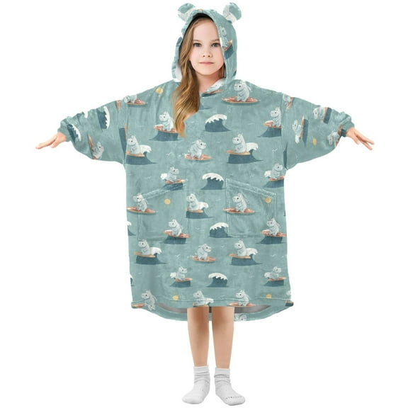 Wearable Blanket Hoodie for Kids Surfing Hippo Flannel Hooded Blanket with Pockets and Sleeves Suitable for Boys and Girls
