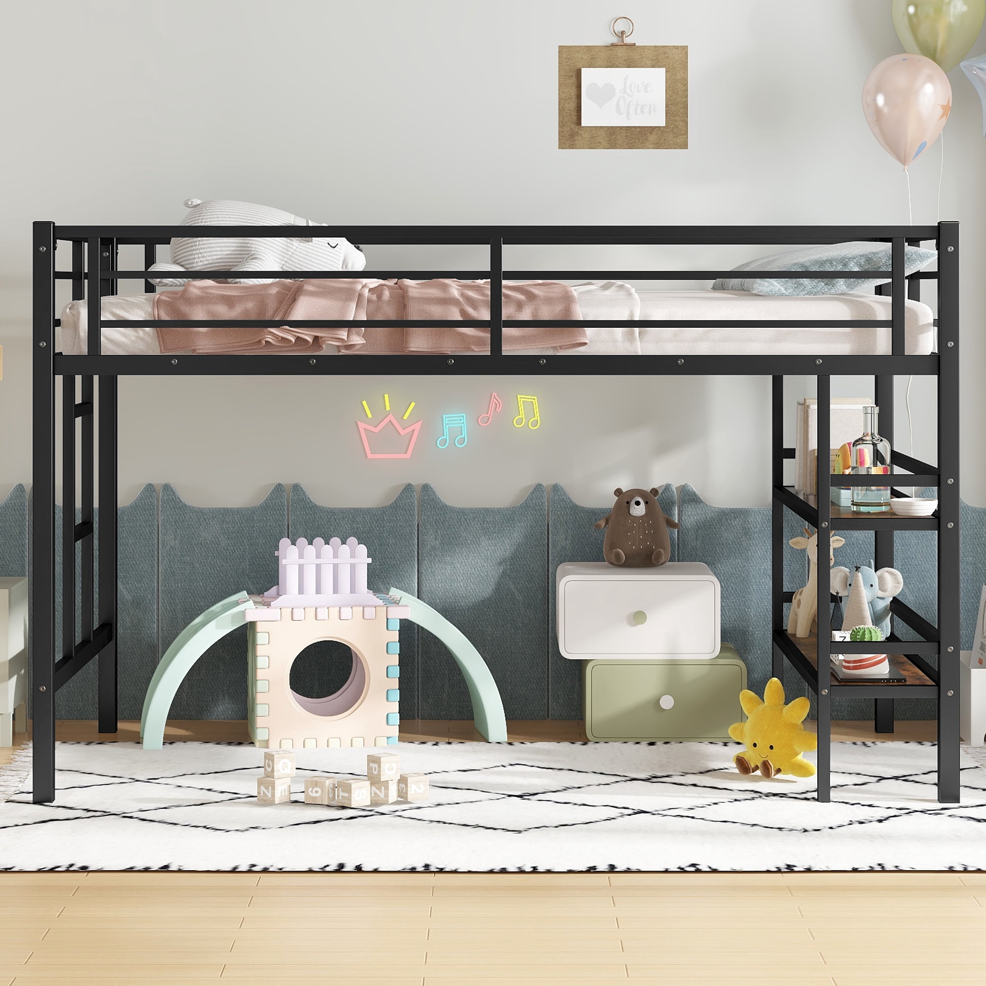 Miniyam Twin Metal Loft Bed with Ladder and Shelves and Guard Rails for Kids and Teens, Black