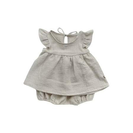 

MissiMae Baby Girls Outfit Solid Color Ruffled Flying Sleeve T-Shirt and Elastic Casual Shorts Set for Summer 0M-3Y