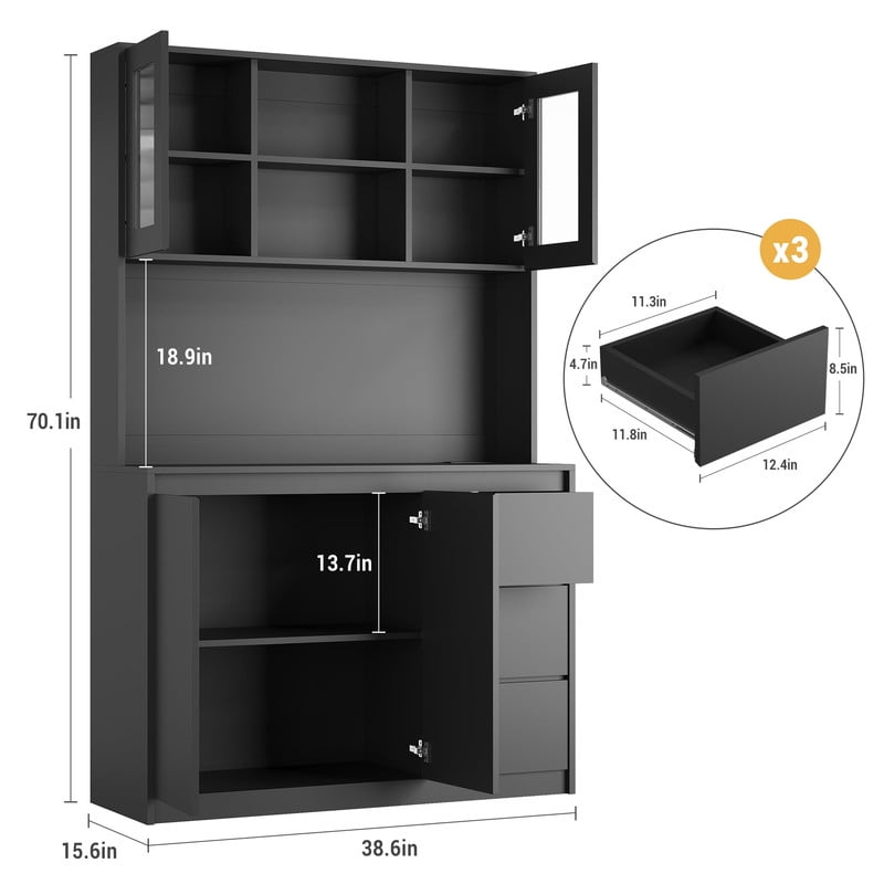 TROPOW Pantry Cabinet with Adjustable Shelf, Food Pantry with 4 Doors & 3 Drawers, Kitchen Pantry Cabinet with Built-in Power Hub for Dining Room