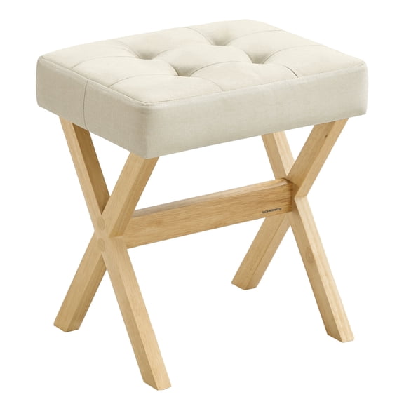 SONGMICS Makeup Stool, Padded Vanity Stool, Foot Rest, Solid Wood X Legs, for Bedroom, Closet, Entryway, Summer Sand and Natural Beige