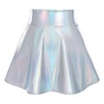 thumbnail image 6 of Women's 3Piece Metallic Outfit Shiny Crop Top + Silver Flared Skirt + Alien Headband Halloween Costume Clubwear Musical Festival Rave Outfit L Holographic Silver, 6 of 8