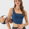 thumbnail image 2 of Women'S Square Neck Sleeveless Corset Denim Top Asymmetrical Hem High Elasticity Crop Tank Top Deep Blue S, 2 of 7