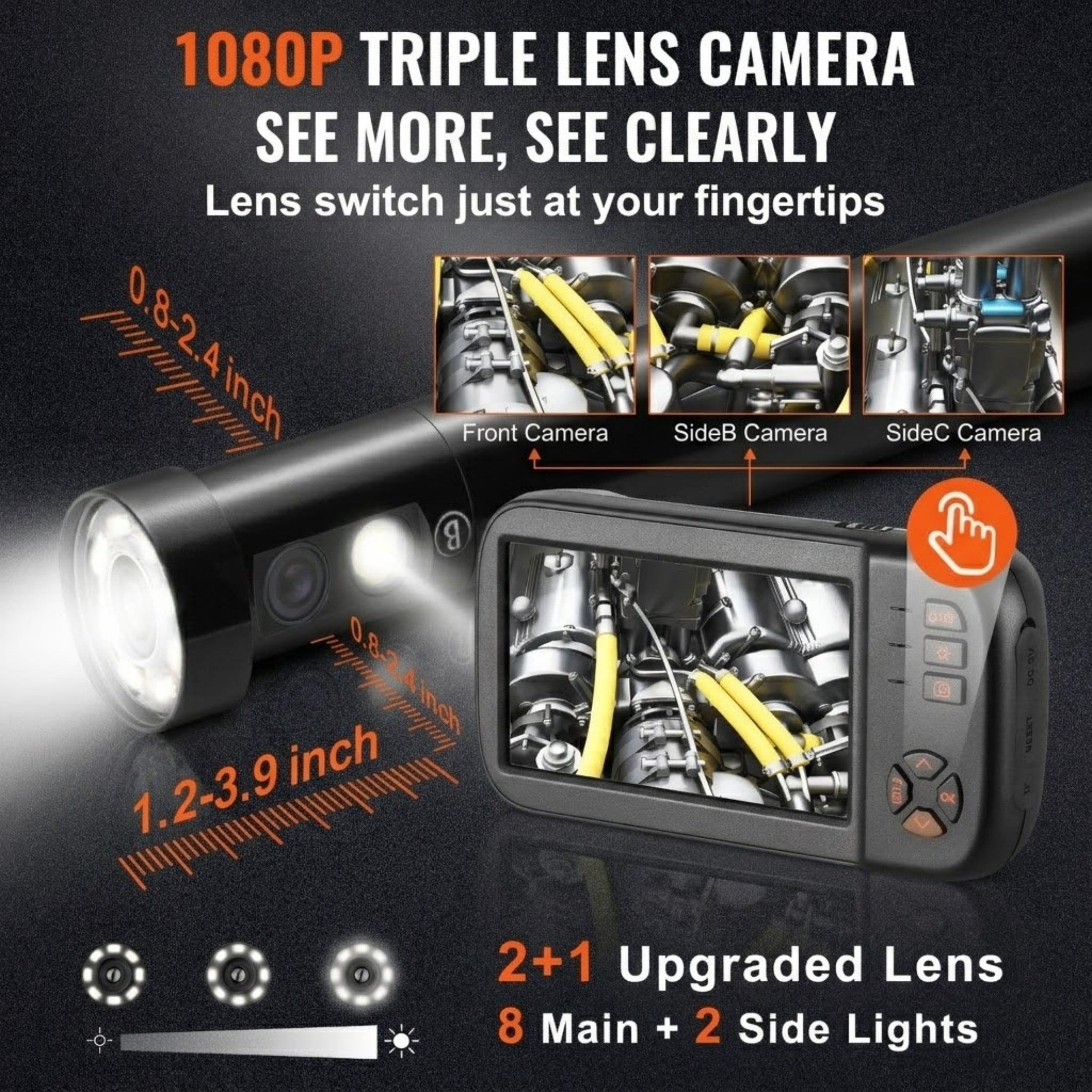Borescope Camera, Triple Lens Endoscope Camera with Light, 4.5" Screen 1080P Inspection Camera with 10 LED Light, IP67 Waterproof Drain Snake Camera for Auto, Plumbing (16.5FT Cable, 32GB Card)