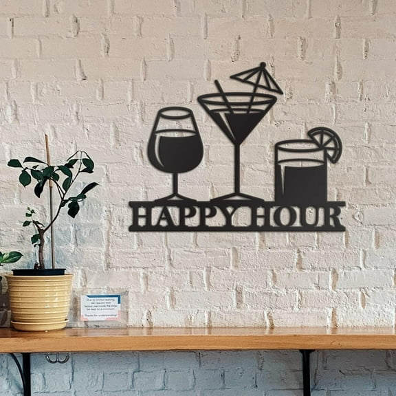HELLOYOUNG 14 inch Black Metal "Happy Hour" Sign Art Wine Glass Design Wall Decor suitable for convenience store/bar Simple style Create an atmosphere