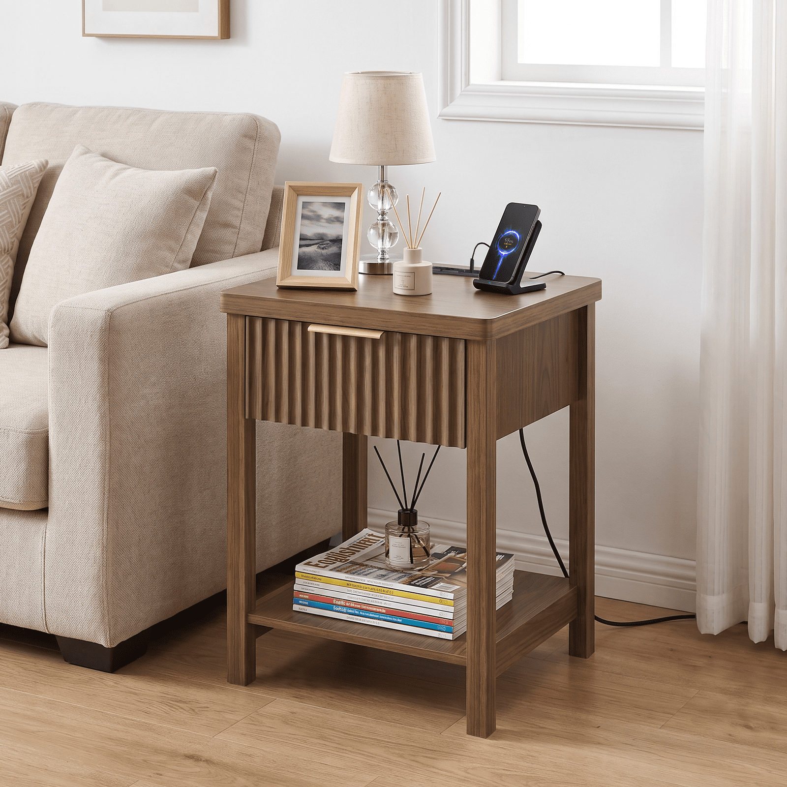 Fluted Wood Nightstand Set of 2, Walnut Bedside Table with Built-in Charging Station (2 AC, USB, Type-C), Storage Drawer & Open Shelf, Modern Side Table for Bedroom Living Room