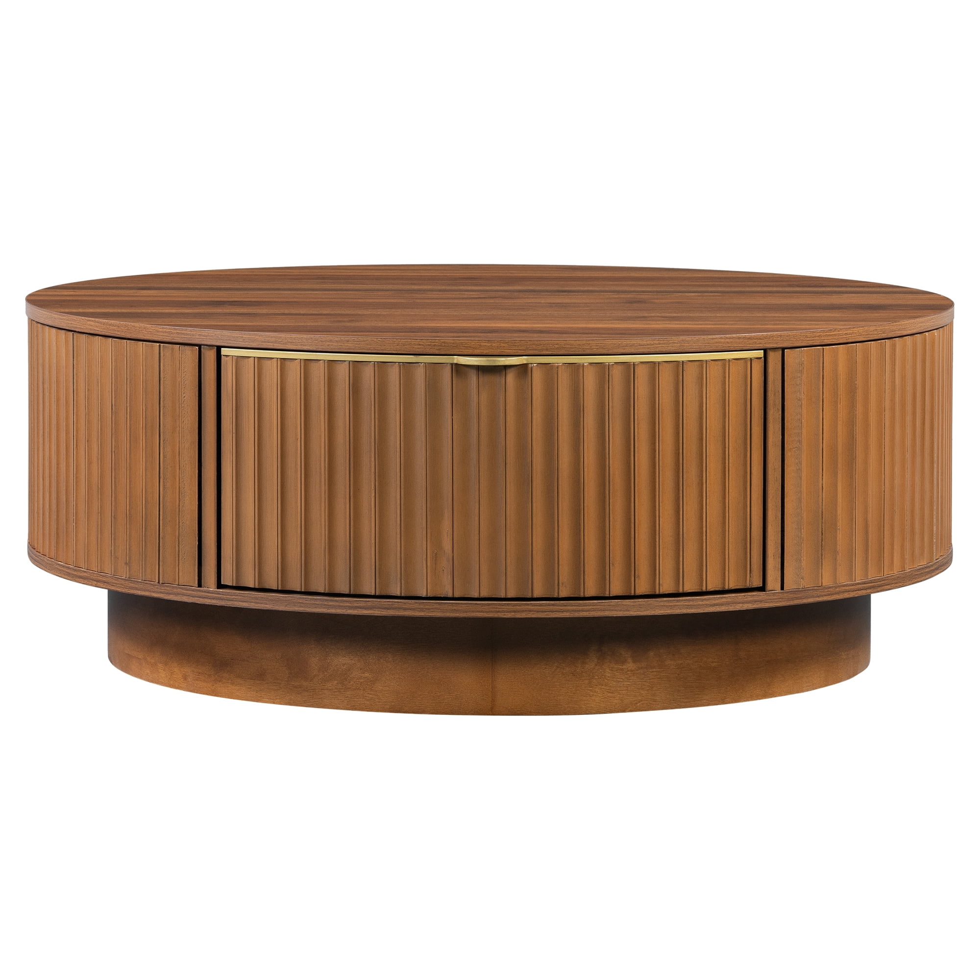 Leumius Round Coffee Table with Storage Drawer, Modern Fluted Coffee Table with Golden Handle, Wood Center Table for Living Room Brown