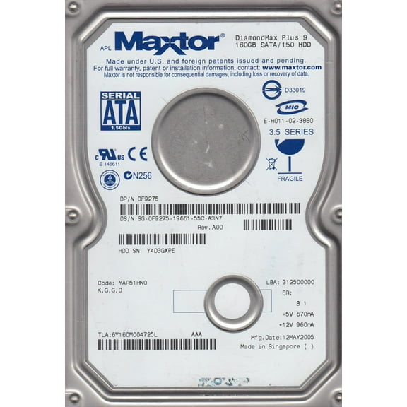 6Y160M0, Code YAR51HW0, KGGD, Maxtor 160GB SATA 3.5 Hard Drive