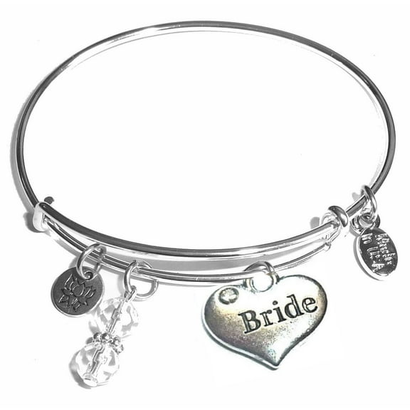 Hidden Hollow Beads "Bride" Message Charm Expandable Wire Bangle Bracelet, COMES IN A GIFT BOX!