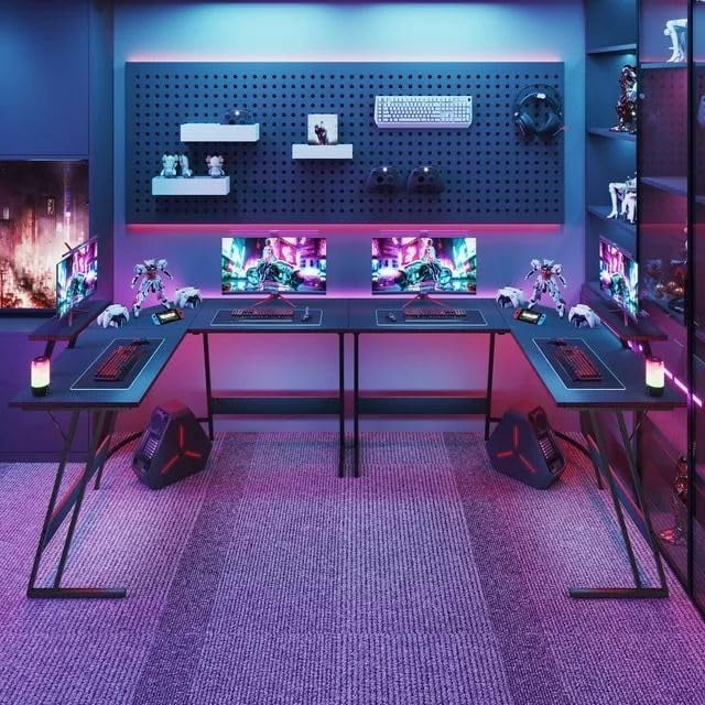Shahoo L Shaped Gaming Desk, 47 Inch Computer Corner Table with Large Monitor Stand & Carbon Fiber Surface for Home Office Study Writing Workstation, 47 in, Black