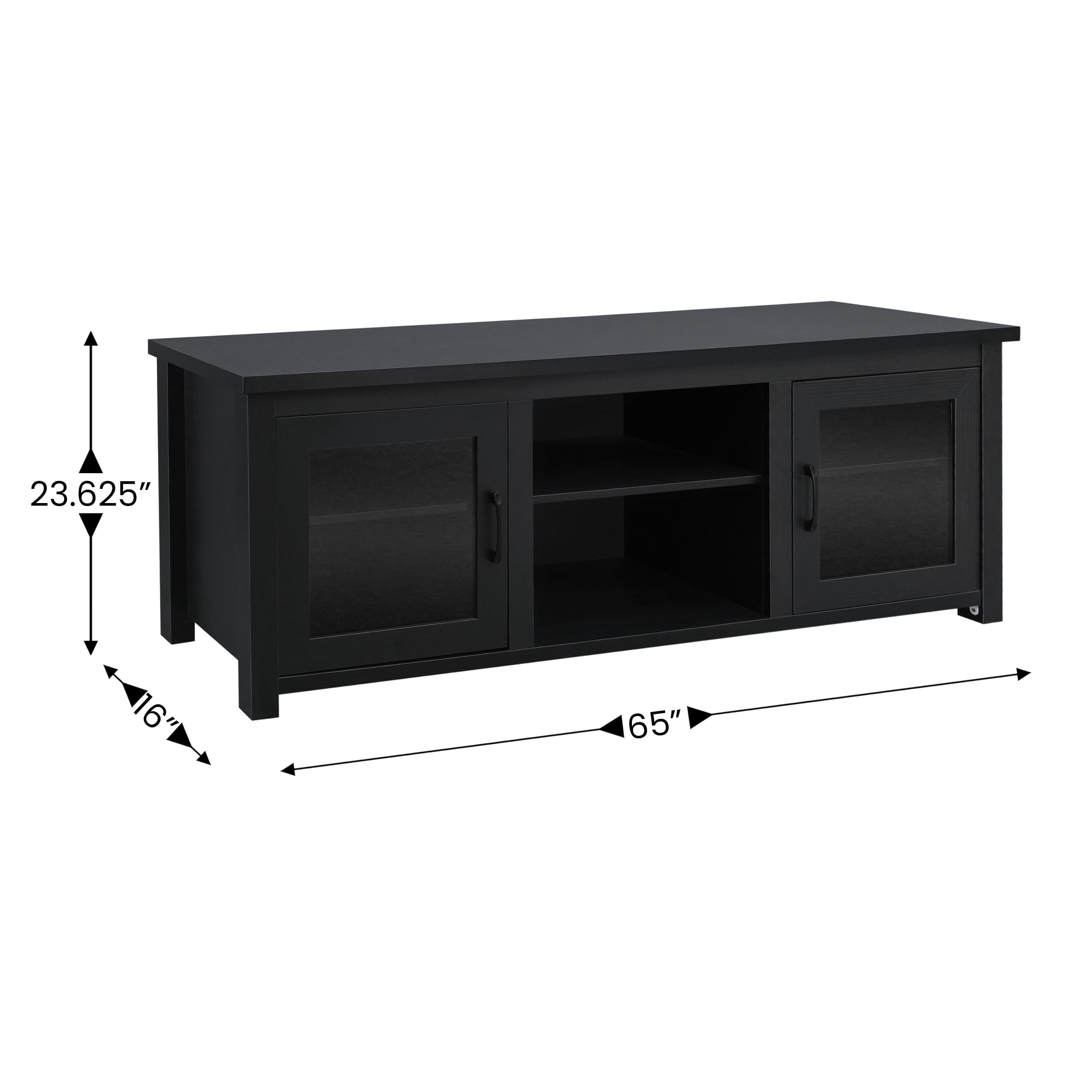 BizChair Sheffield Classic TV Stand for up to 80" TVs - Modern Black Finish with Full Glass Doors - 65" Engineered Wood Frame - 3 Shelves