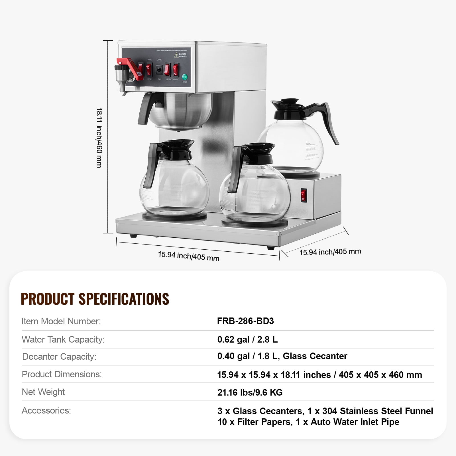 KFFKFF 12-Cup Industrial Coffee Brewer, Coffee Making Device with Trio of Glass Jugs and Trio of Heat-Keeping Bases, Metallic Manual Drip Coffee Maker for Eateries, Workplaces, Coffee Shops