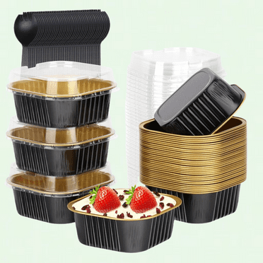 40-Pack Mini Cupcake Cake Pans with Lids, Disposable Square Ramekins Baking Cups, 5oz Aluminum Foil Cupcake Cups Brownie Baking Pans - Black in Gold