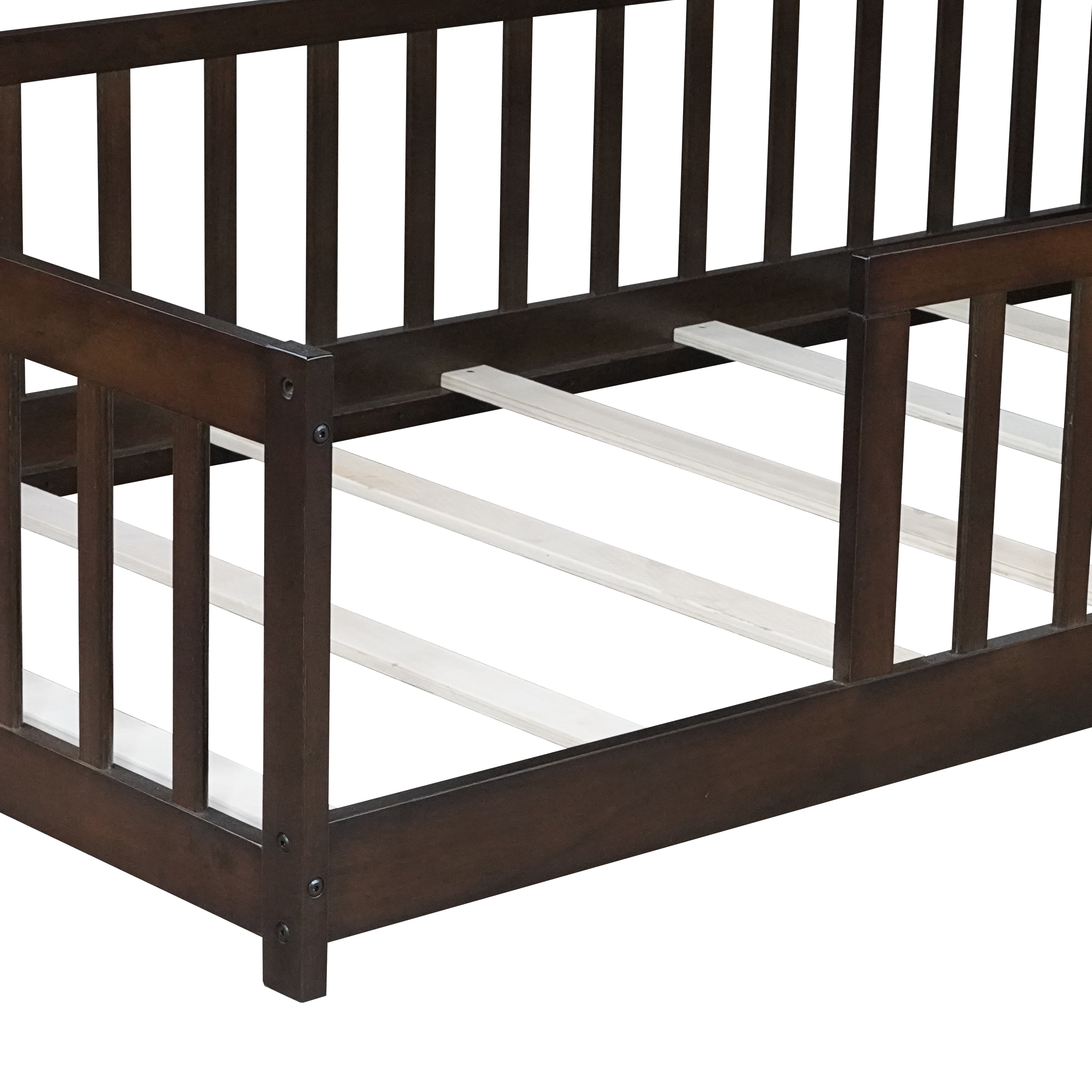 Bellemave Twin Size Floor Beds, Wood Montessori Bed with Fence Railings & Support Slats, No Box Spring Needed (Espresso）