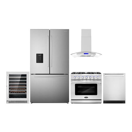 5 Piece Kitchen Package with 36" Freestanding Gas Range 36" Island Mount 24" Built-in Fully Integrated Dishwasher French Door Refrigerator & 48 Bottle Wine Refrigerator