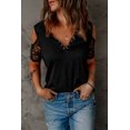 thumbnail image 3 of ABPHQTO Camiseta con hombros descubiertos y empalme de encaje negro para mujer, 3 of 5