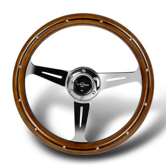W-Power 350MM Classic Dark Wood Grip 6-Holes Chrome Spoke 14-Inch Steering Wheel
