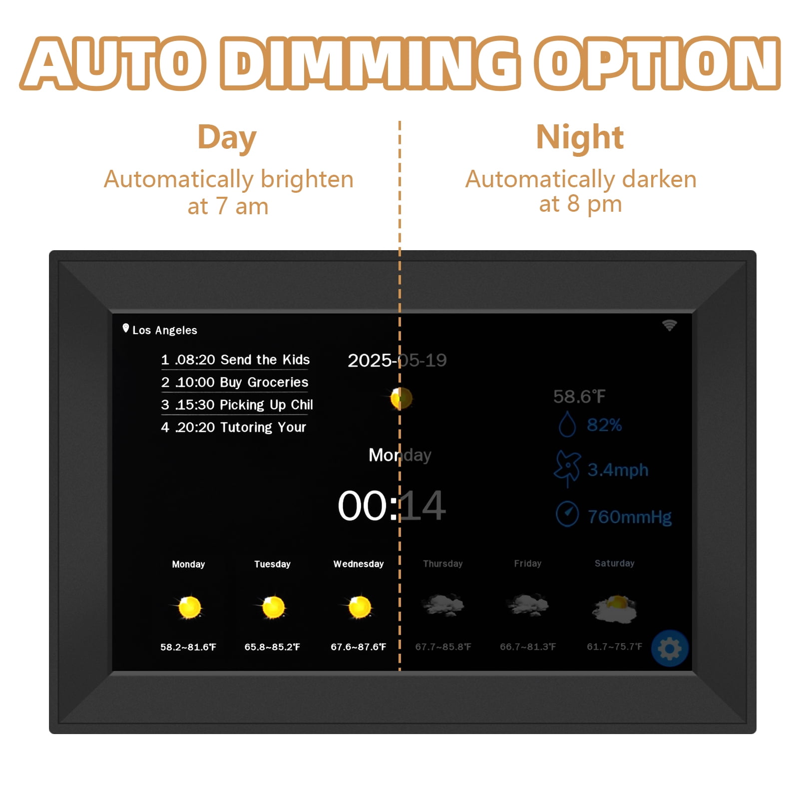 Bgitf 10.1 Inch Large Touchscreen WiFi Clock for Seniors, 64 Custom Alarms & Schedules, 7-Day Weather, Auto Time/Date, No App Needed