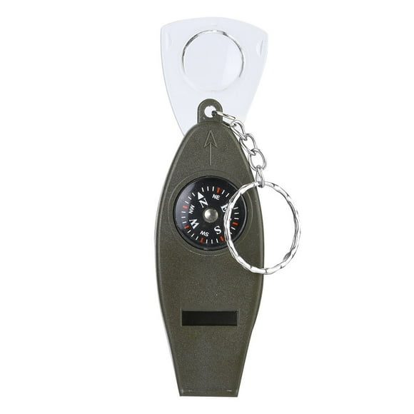 Silbato multifuncional portátil 4 en 1 con brújula, lupa y termómetro para supervivencia al aire libre.