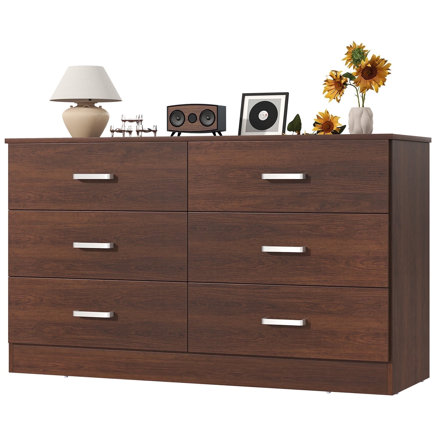 Frmobepts Wood Dresser for Bedroom, 6 Drawer Dresser, 15.8" D x 47.2" W x 27.7" H, Walnut Brown