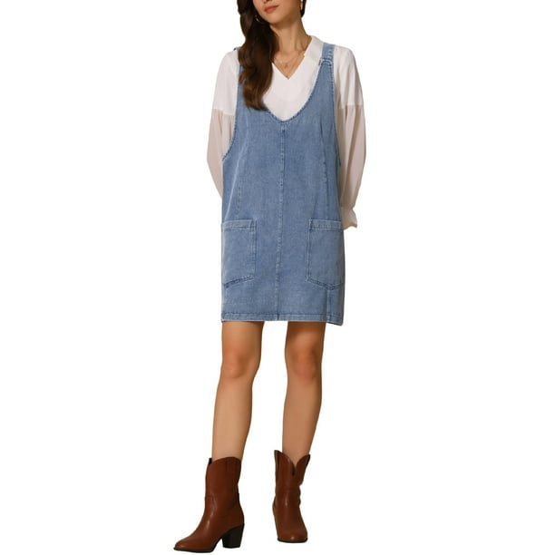 Vestido mini de mezclilla sin mangas para mujer Inspire Chic, con tirantes ajustables, talla XS, color azul