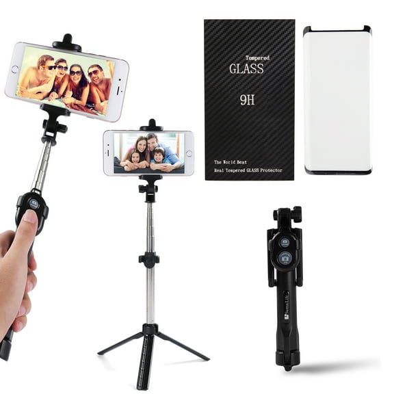 Portable Wireless Remote Control Selfie Stick and Mini Tripod with Tempered Glass Screen Protector for Samsung Galaxy S9