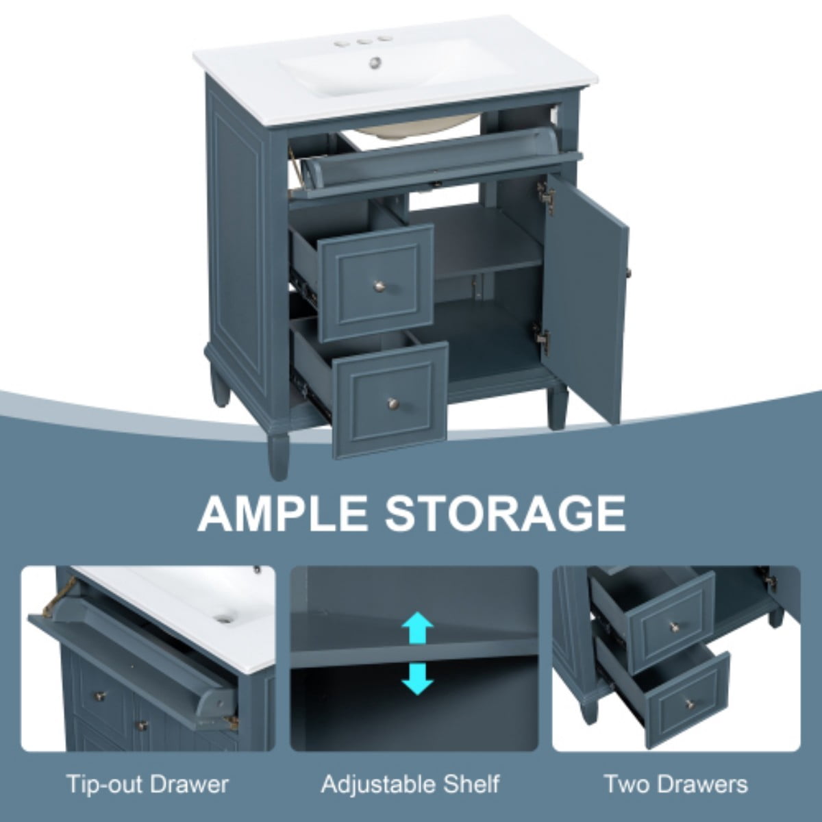 30" Bathroom Vanity with Sink, Modern Bathroom Cabinet with Ceramic Vanity Sink, Solid Wood & MDF Storage Cabinet with Flip Drawer, Adjustable Shelf, Blue Gray